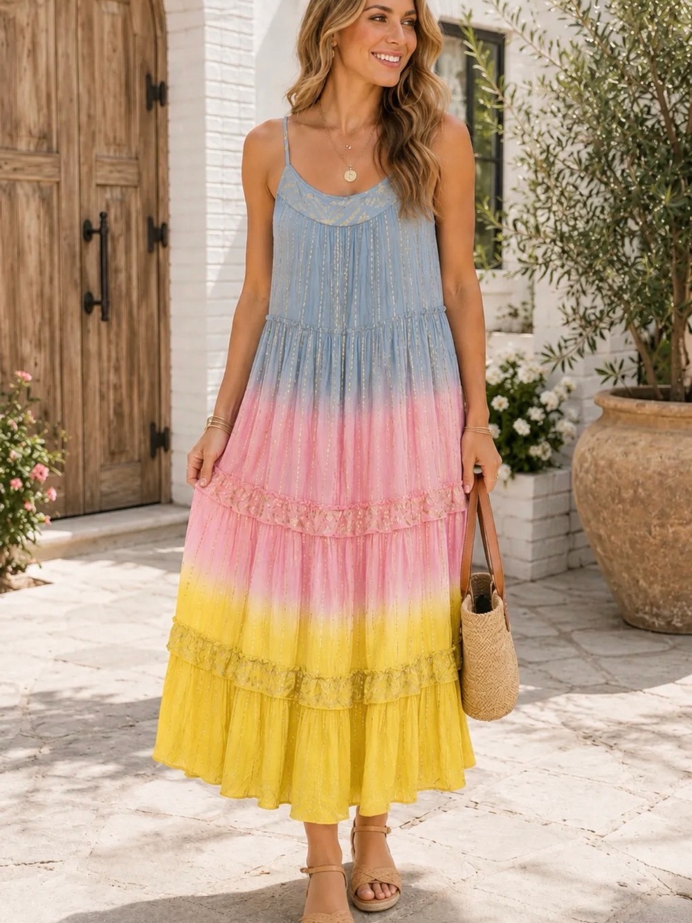 Tiered Ombre Maxi Dress with Spaghetti Straps - Blue Pink Yellow